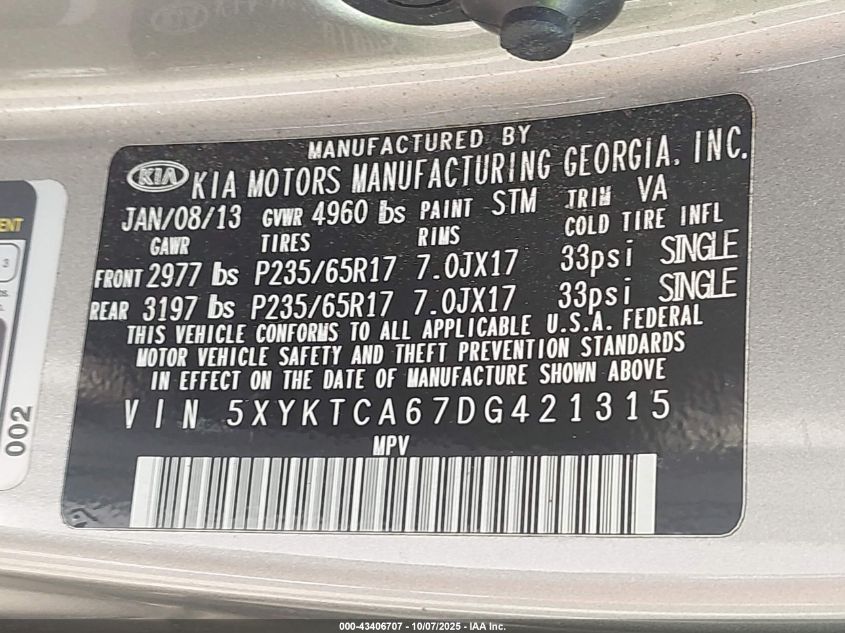 2013 Kia Sorento Lx VIN: 5XYKTCA67DG421315 Lot: 43406707