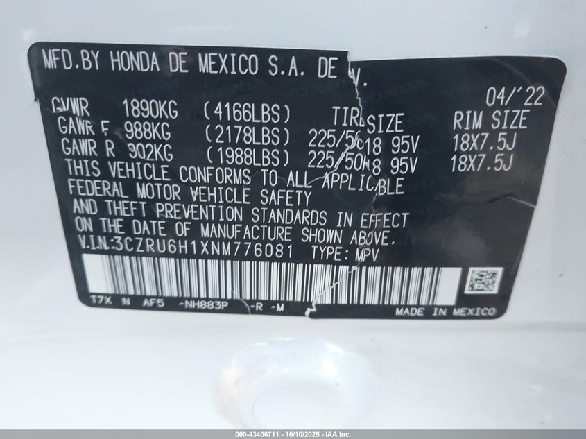 2022 HONDA HR-V AWD SPORT 3CZRU6H1XNM776081