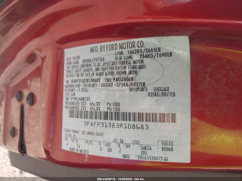 2003 Ford Focus Zx3 VIN: 3FAFP31383R108683 Lot: 43406718