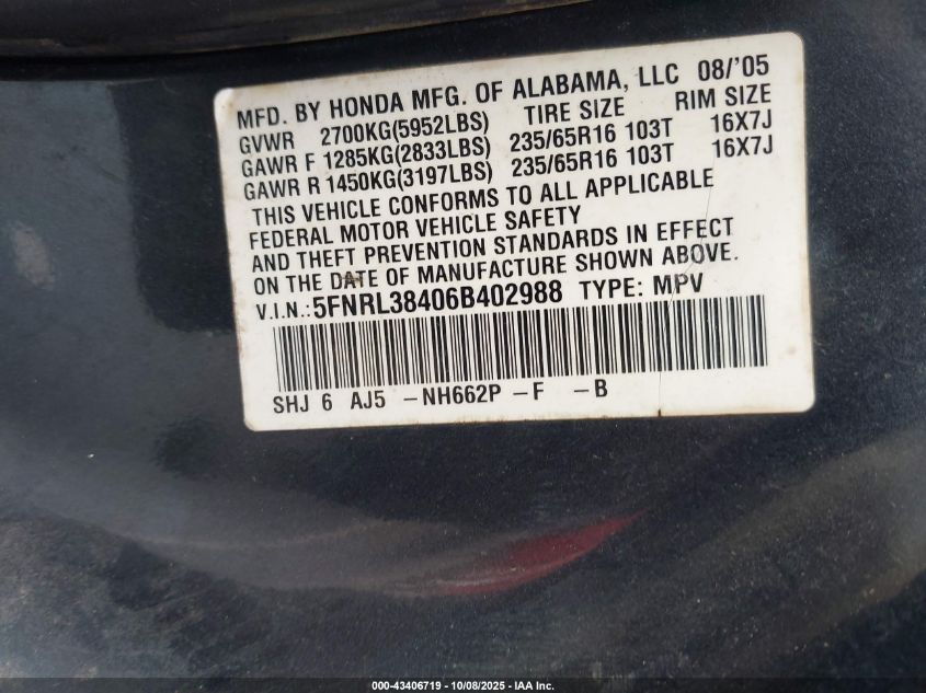 2006 Honda Odyssey Ex VIN: 5FNRL38406B402988 Lot: 43406719