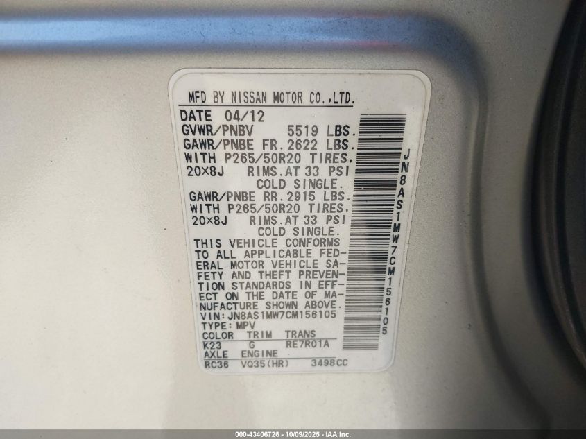 2012 Infiniti Fx35 VIN: JN8AS1MW7CM156105 Lot: 43406726