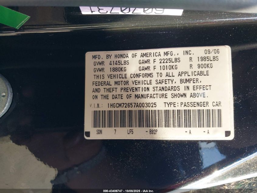 2007 Honda Accord 2.4 Ex VIN: 1HGCM72657A003025 Lot: 43406747