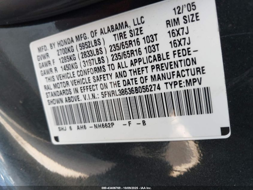 2006 Honda Odyssey Ex-L VIN: 5FNRL38636B056274 Lot: 43406769