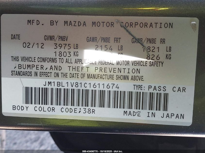 2012 Mazda Mazda3 I Touring VIN: JM1BL1V81C1611674 Lot: 43406770