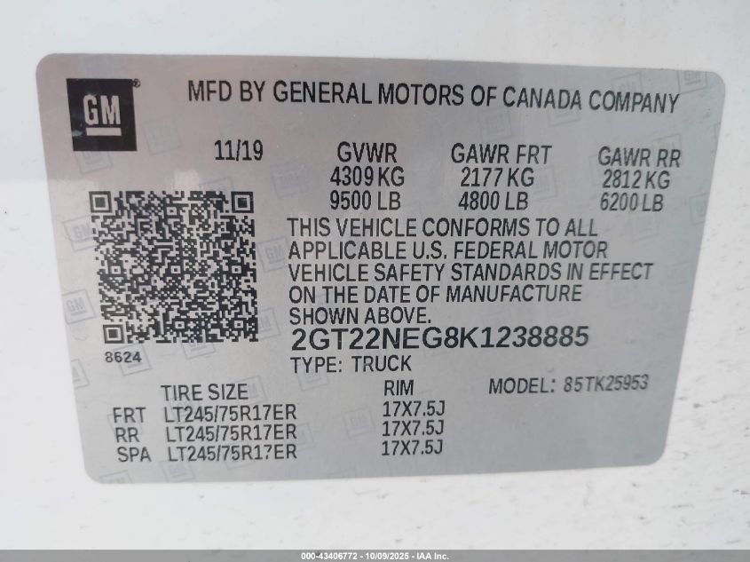 2019 GMC Sierra 2500Hd VIN: 2GT22NEG8K1238885 Lot: 43406772