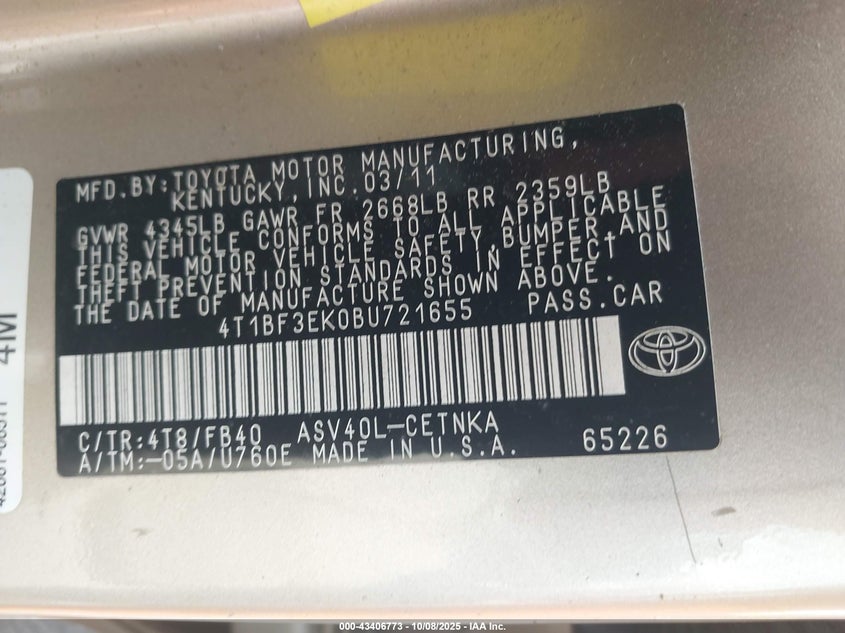 2011 Toyota Camry Le VIN: 4T1BF3EK0BU721655 Lot: 43406773