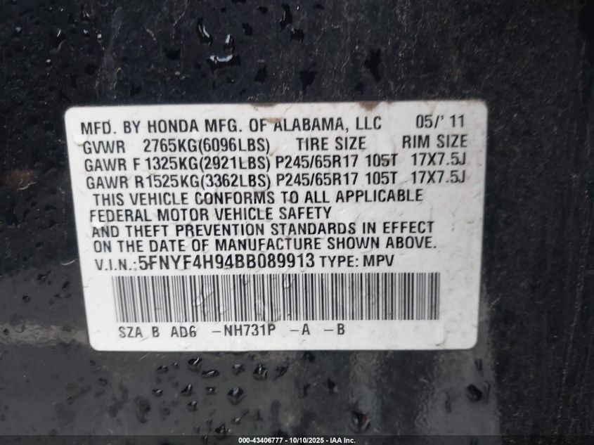 2011 Honda Pilot Touring VIN: 5FNYF4H94BB089913 Lot: 43406777