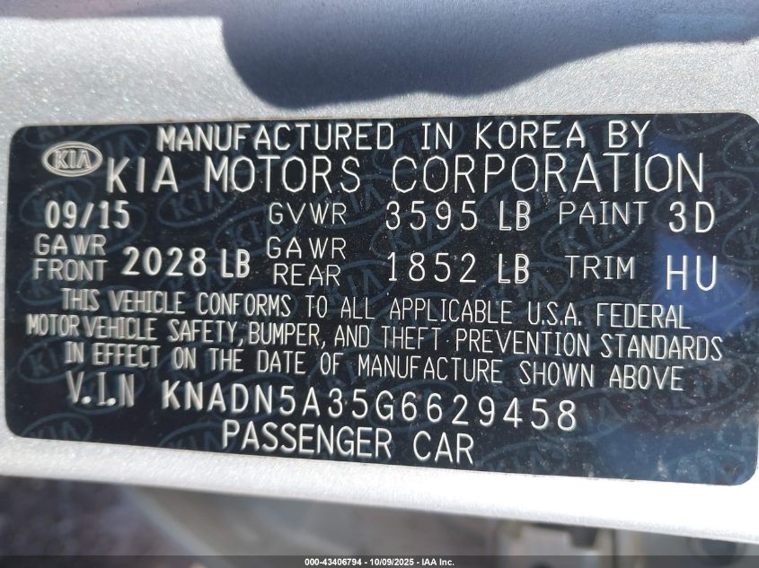 2016 Kia Rio Sx VIN: KNADN5A35G6629458 Lot: 43406794