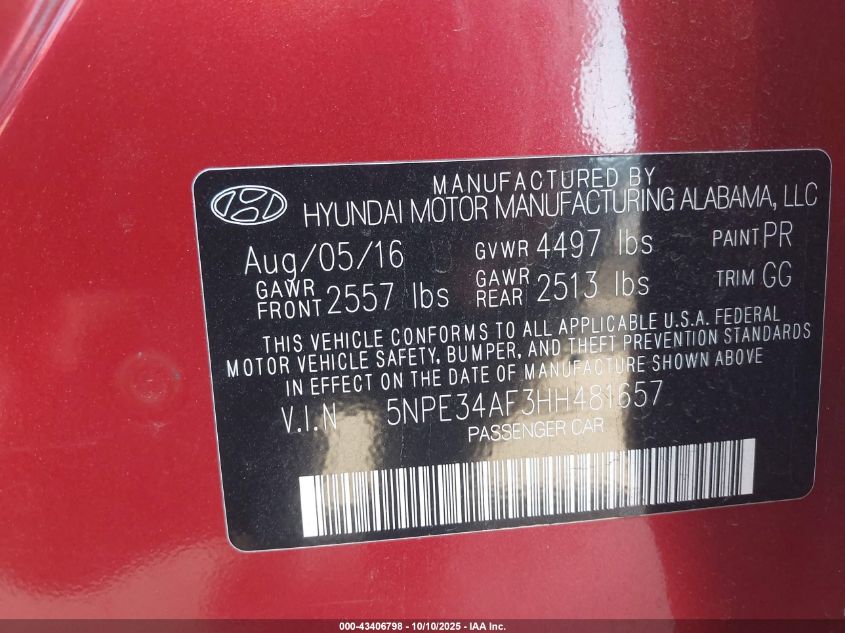 2017 Hyundai Sonata Sport VIN: 5NPE34AF3HH481657 Lot: 43406798