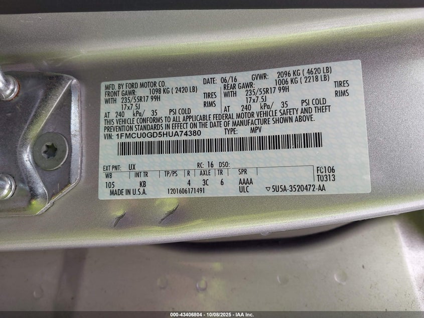 2017 FORD ESCAPE SE 1FMCU0GD5HUA74380