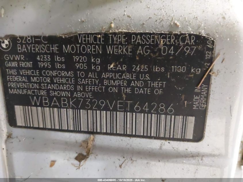 1997 BMW 328Ic VIN: WBABK7329VET64286 Lot: 43406805