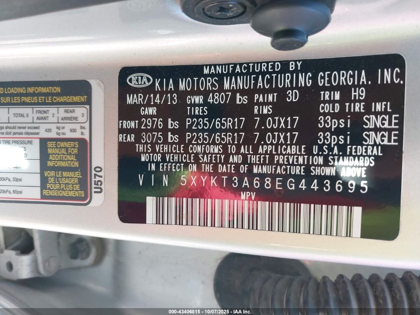 2014 Kia Sorento Lx VIN: 5XYKT3A68EG443695 Lot: 43406815