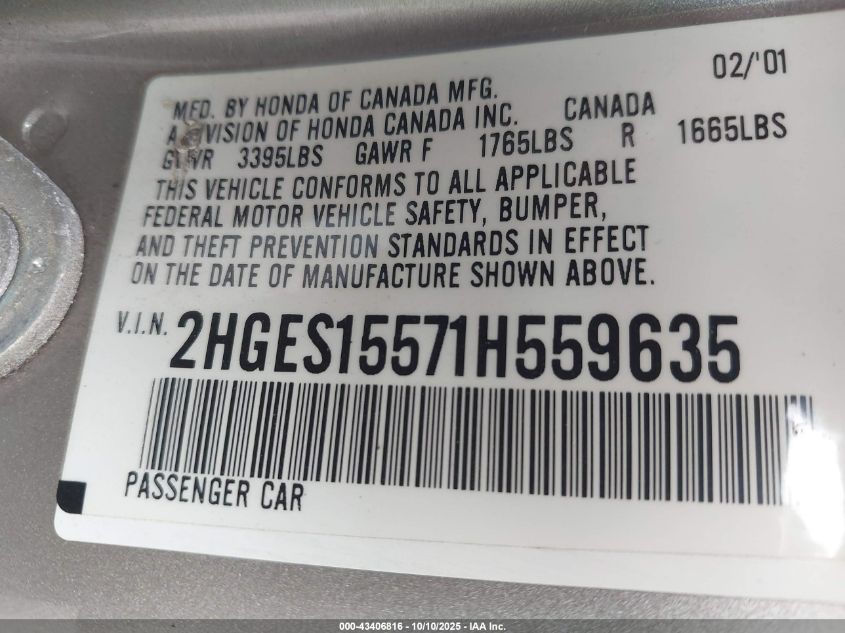 2001 Honda Civic Lx VIN: 2HGES15571H559635 Lot: 43406816
