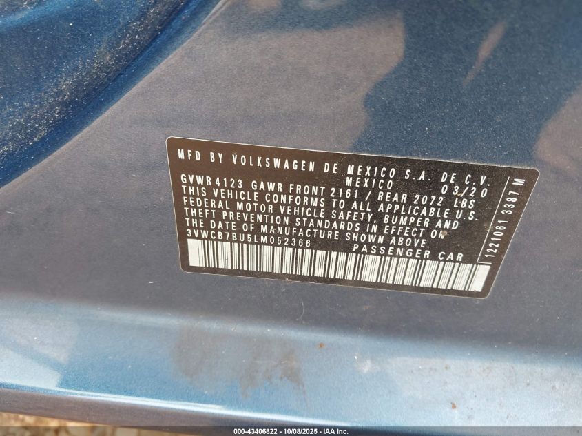 2020 Volkswagen Jetta 1.4T R-Line/1.4T S/1.4T Se VIN: 3VWCB7BU5LM052366 Lot: 43406822