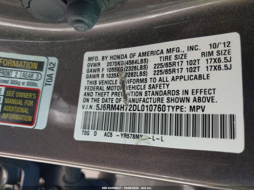 2013 Honda Cr-V Ex-L VIN: 5J6RM4H72DL010760 Lot: 43406827