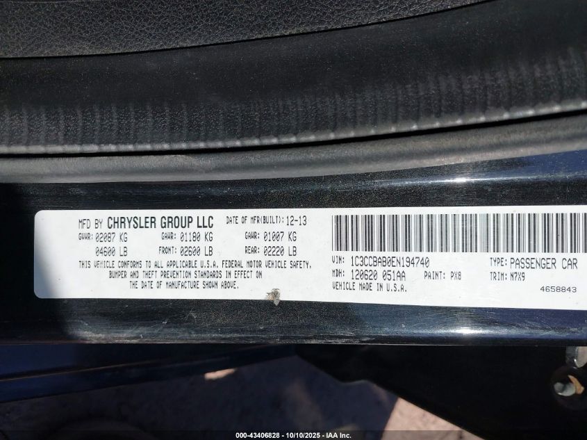 2014 Chrysler 200 Lx VIN: 1C3CCBAB0EN194740 Lot: 43406828