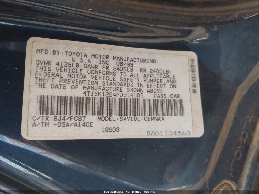 1993 Toyota Camry Le VIN: 4T1SK12E4PU314105 Lot: 43406846