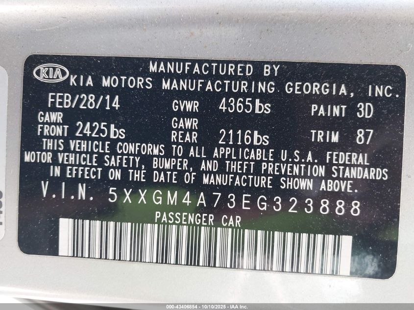 2014 Kia Optima Lx VIN: 5XXGM4A73EG323888 Lot: 43406854