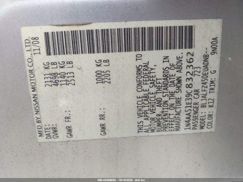 2009 Nissan Maxima 3.5 Sv VIN: 1N4AA51E39C832362 Lot: 43406858