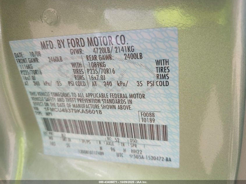 2009 Ford Escape Hybrid Limited VIN: 1FMCU49379KA56018 Lot: 43406871