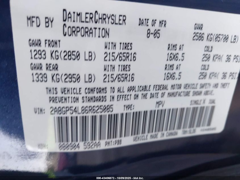 2006 Chrysler Town & Country Touring VIN: 2A8GP54L86R625085 Lot: 43406873