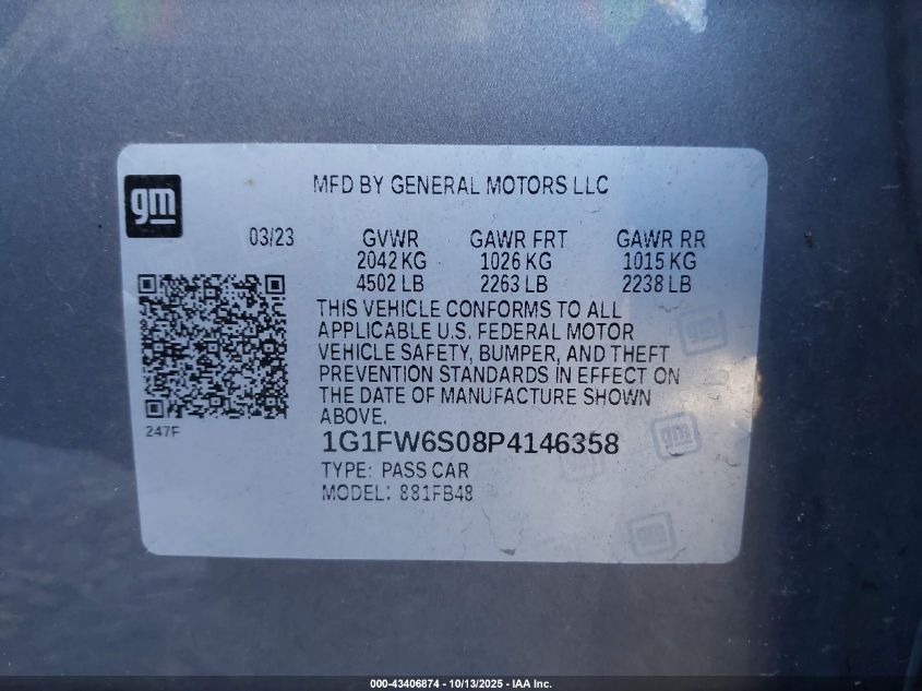 2023 Chevrolet Bolt Ev Fwd 1Lt VIN: 1G1FW6S08P4146358 Lot: 43406874