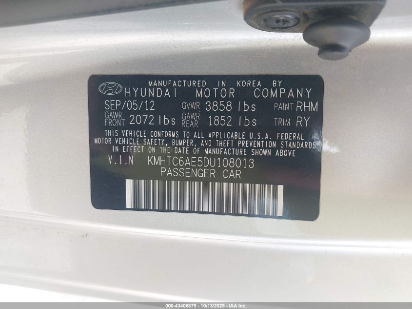 2013 Hyundai Veloster Turbo W/Blue VIN: KMHTC6AE5DU108013 Lot: 43406879