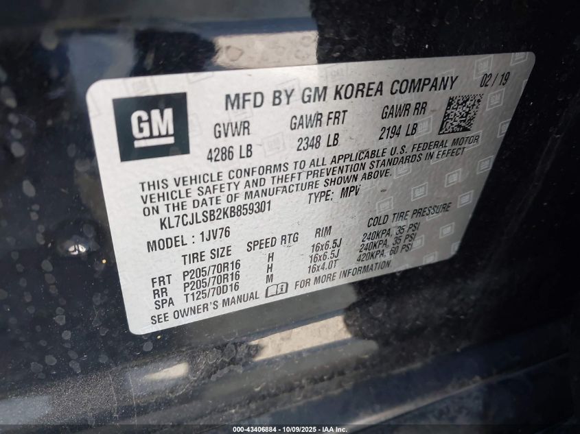 2019 Chevrolet Trax Lt VIN: KL7CJLSB2KB859301 Lot: 43406884