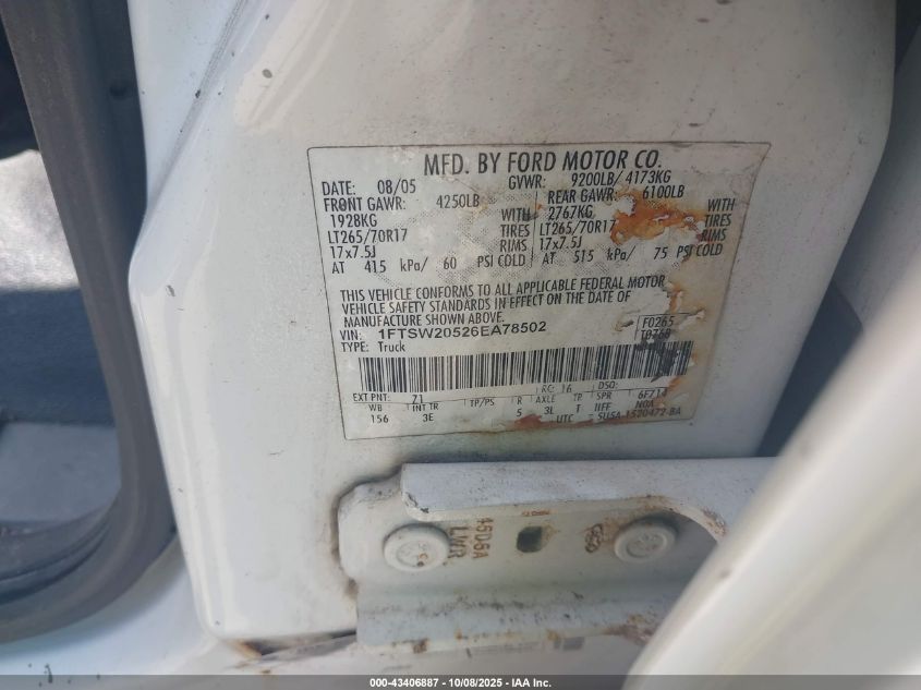 2006 Ford F-250 Lariat/Xl/Xlt VIN: 1FTSW20526EA78502 Lot: 43406887