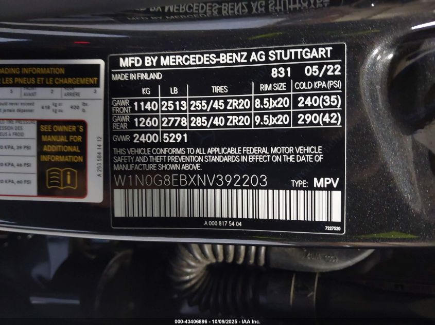 2022 Mercedes-Benz Glc 300 4Matic Suv VIN: W1N0G8EBXNV392203 Lot: 43406896