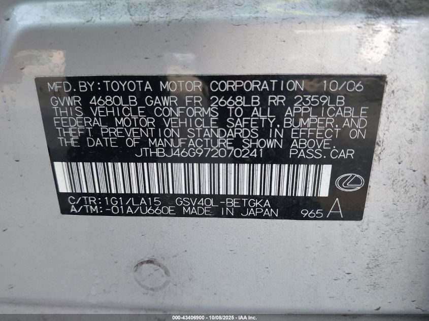 2007 Lexus Es 350 VIN: JTHBJ46G972070241 Lot: 43406900