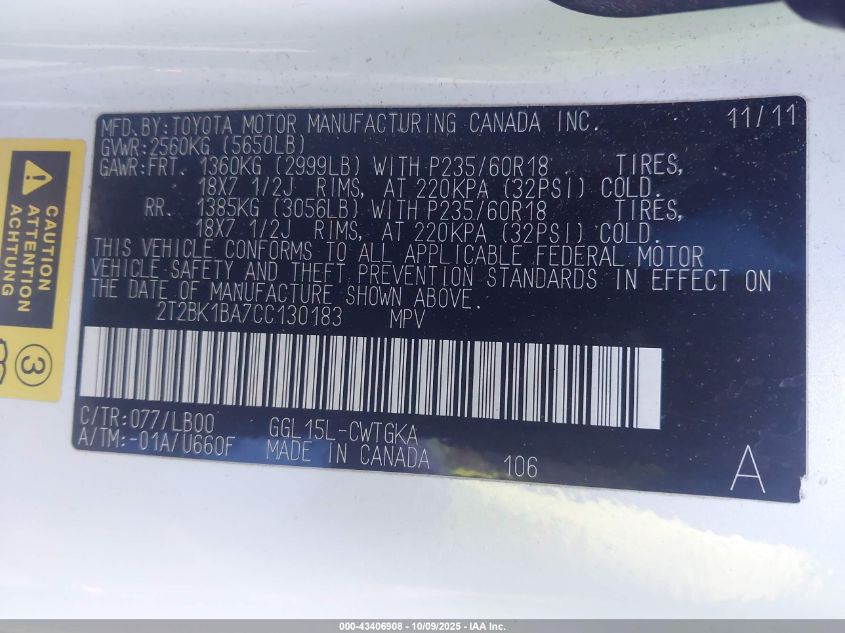 2012 Lexus Rx 350 VIN: 2T2BK1BA7CC130183 Lot: 43406908