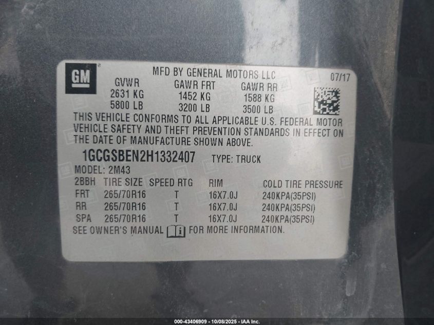 2017 Chevrolet Colorado Wt VIN: 1GCGSBEN2H1332407 Lot: 43406909