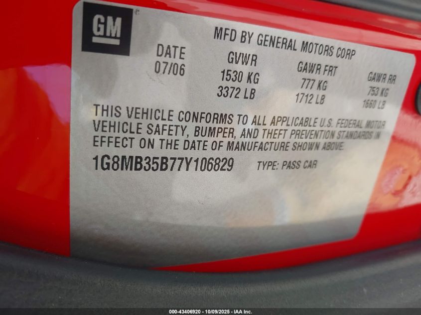 2007 Saturn Sky VIN: 1G8MB35B77Y106829 Lot: 43406920