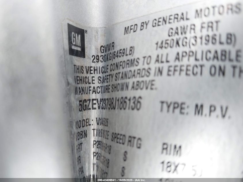 2008 Saturn Outlook Xr VIN: 5GZEV23798J186136 Lot: 43406941