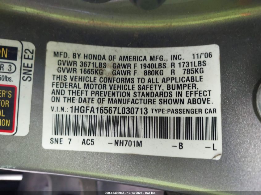 2007 Honda Civic Lx VIN: 1HGFA16567L030713 Lot: 43406945