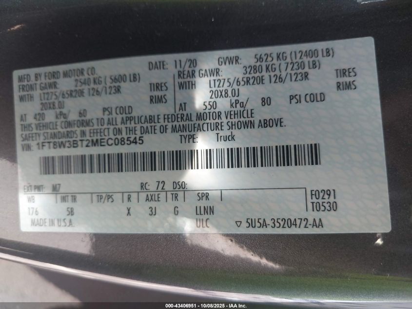 2021 Ford F-350 Lariat VIN: 1FT8W3BT2MEC08545 Lot: 43406951