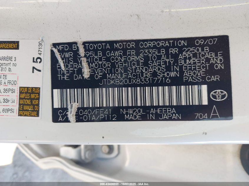 2008 Toyota Prius VIN: JTDKB20UX83317716 Lot: 43406959