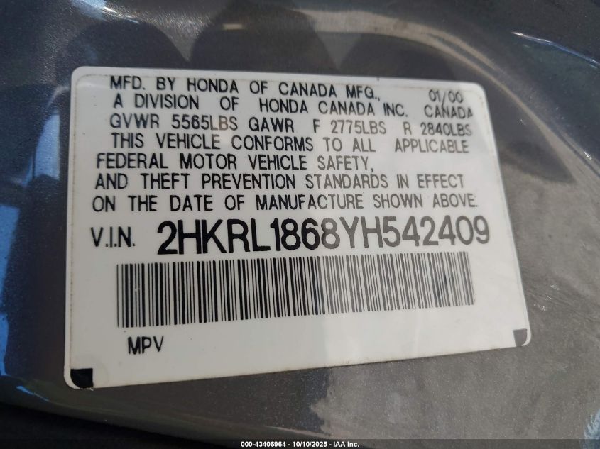 2000 Honda Odyssey Ex VIN: 2HKRL1868YH542409 Lot: 43406964