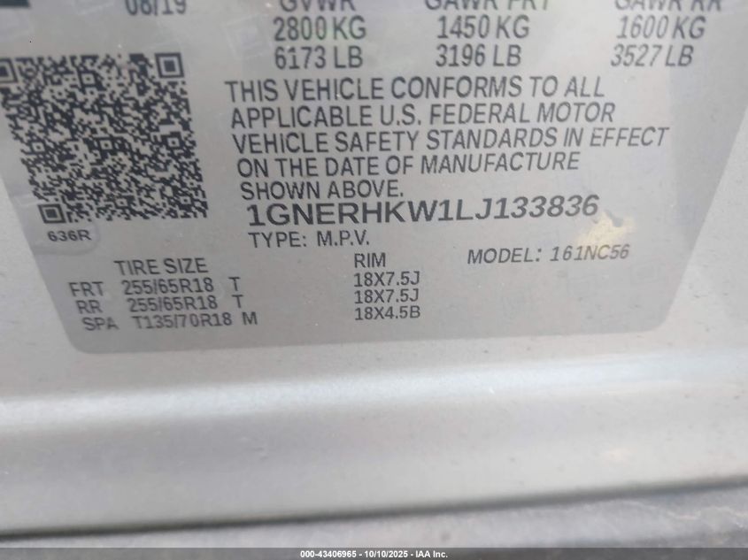 2020 Chevrolet Traverse Fwd Lt Leather VIN: 1GNERHKW1LJ133836 Lot: 43406965