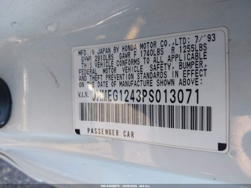 1993 Honda Civic Del Sol S VIN: JHMEG1243PS013071 Lot: 43406978