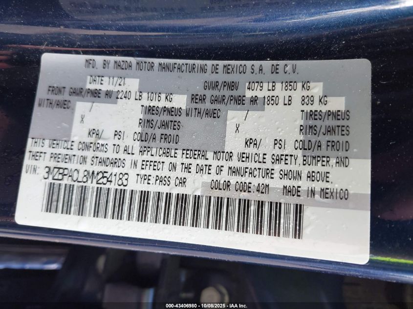 2021 Mazda Mazda3 Preferred VIN: 3MZBPACL8MM254183 Lot: 43406980