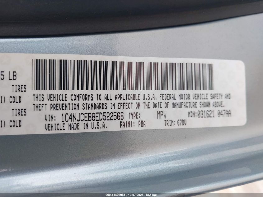 2014 Jeep Compass Latitude VIN: 1C4NJCEB8ED522566 Lot: 43406981