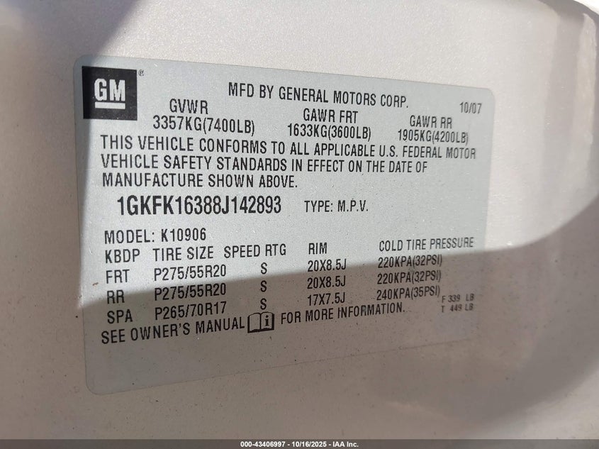 2008 GMC Yukon Xl 1500 Slt VIN: 1GKFK16388J142893 Lot: 43406997