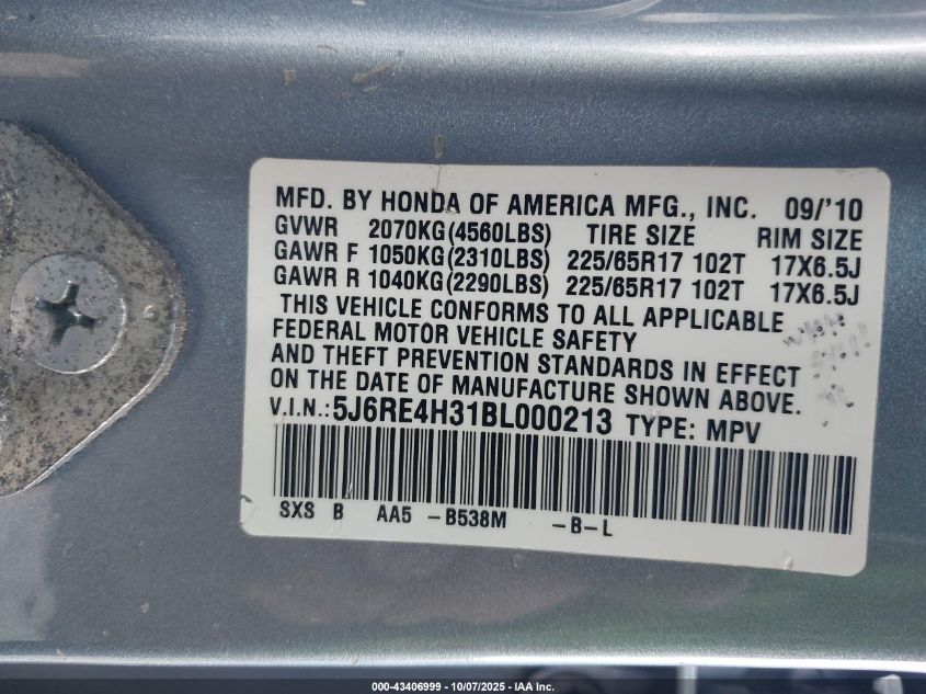 2011 Honda Cr-V Lx VIN: 5J6RE4H31BL000213 Lot: 43406999
