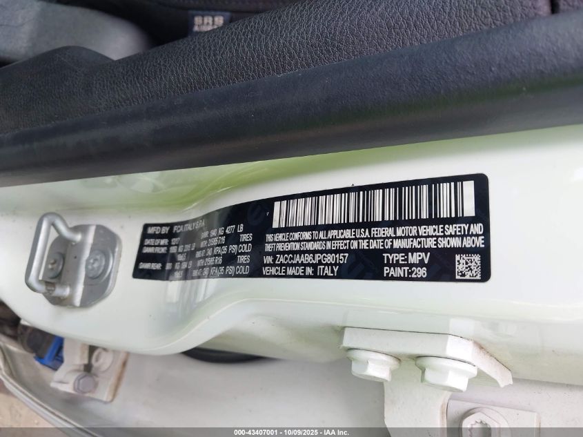 2018 Jeep Renegade Sport Fwd VIN: ZACCJAAB6JPG80157 Lot: 43407001