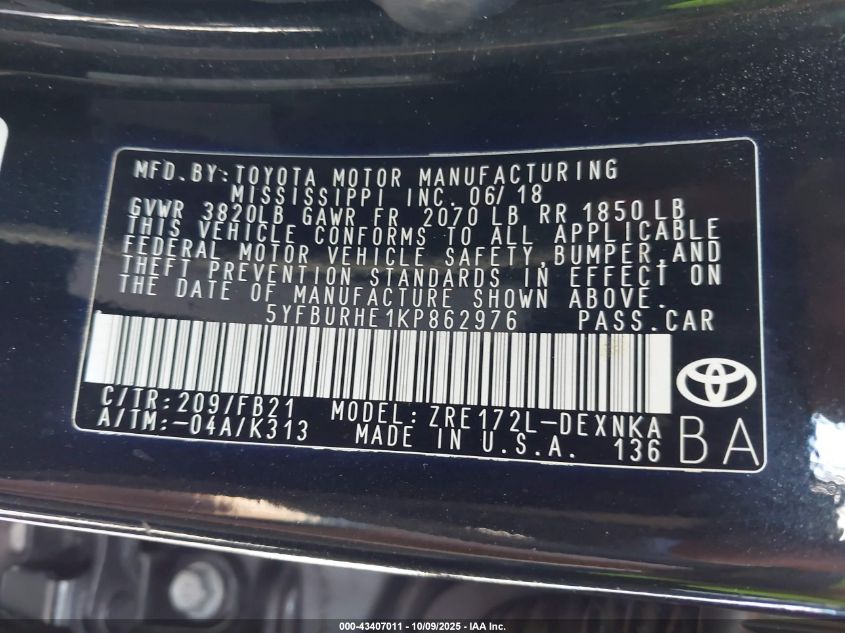 2019 Toyota Corolla Le VIN: 5YFBURHE1KP862976 Lot: 42203996