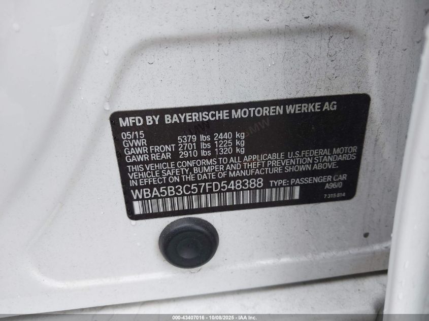 2015 BMW 535I xDrive VIN: WBA5B3C57FD548388 Lot: 43407016