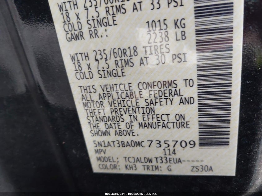 2021 Nissan Rogue Sv Fwd VIN: 5N1AT3BA0MC735709 Lot: 43407031