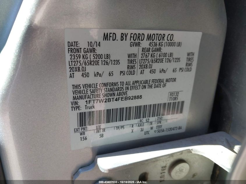 2015 Ford F-250 Lariat VIN: 1FT7W2BT4FEB92888 Lot: 43407033